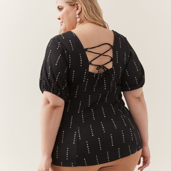 Penningtons Black Printed Bustier Knit Top With Balloon Sleeves - Picture 2 of 13